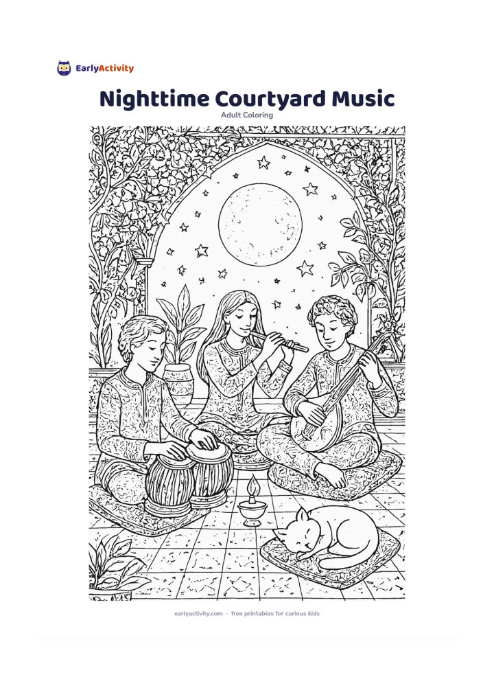 Colouring page: Draw three friends seated in a courtyard beneath stars and a full moon, playing a tabla, flute, and stringed instrument beside a small lamp. Add cushions, flowering vines, potted plants,…