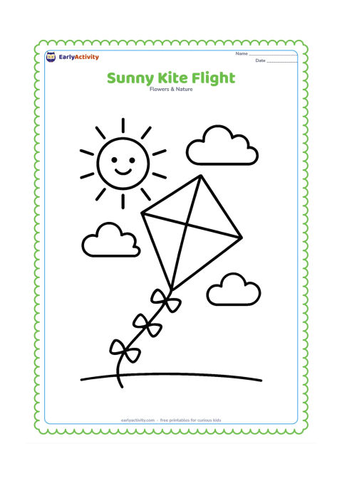 Colouring page: Draw a large diamond-shaped kite flying below a smiling sun, with a long curved tail and two simple clouds. Add a single ground line at the bottom.