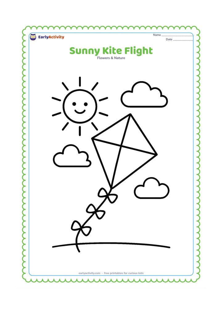 Colouring page: Draw a large diamond-shaped kite flying below a smiling sun, with a long curved tail and two simple clouds. Add a single ground line at the bottom.