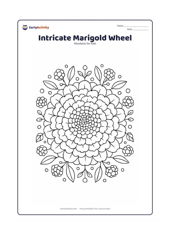 Colouring page: A detailed mandala based on an Indian marigold, with a densely petalled centre, several scalloped petal rings and alternating marigold clusters. Fill the gaps with small leaves, buds and…