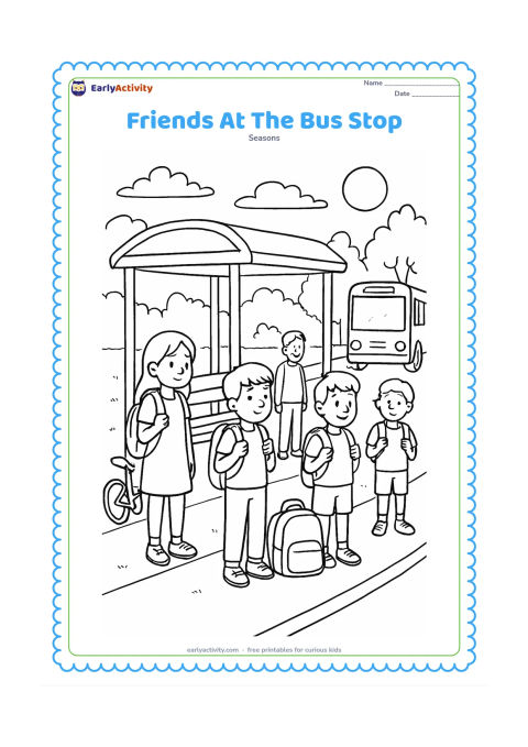 Colouring page: Several children wait with school bags at a safe bus stop after school while an adult stands nearby. Include a shelter, benches, a bus arriving in the distance, trees, a bicycle and a…