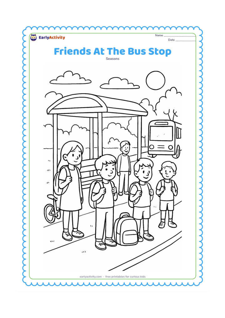 Colouring page: Several children wait with school bags at a safe bus stop after school while an adult stands nearby. Include a shelter, benches, a bus arriving in the distance, trees, a bicycle and a…