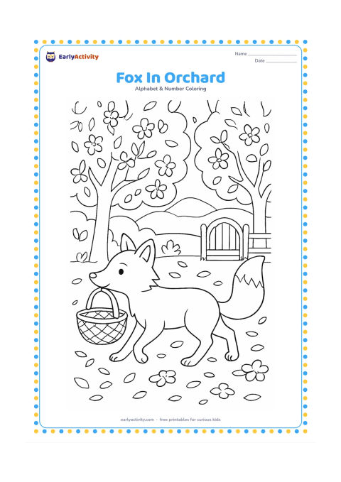 Colouring page: Draw a fox walking through an orchard in spring, with blossoming fruit trees, a woven basket, fallen petals, a garden gate and distant hills.
