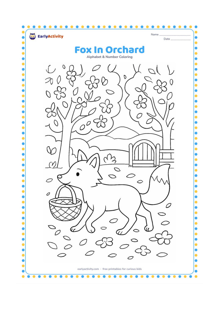 Colouring page: Draw a fox walking through an orchard in spring, with blossoming fruit trees, a woven basket, fallen petals, a garden gate and distant hills.