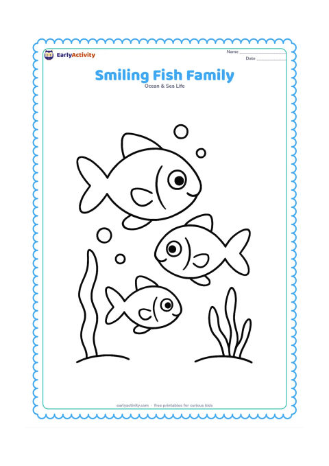 Colouring page: Draw three friendly fish of different sizes swimming together from left to right, with large eyes, clear fins and tails. Add a few bubbles and two simple underwater plants.