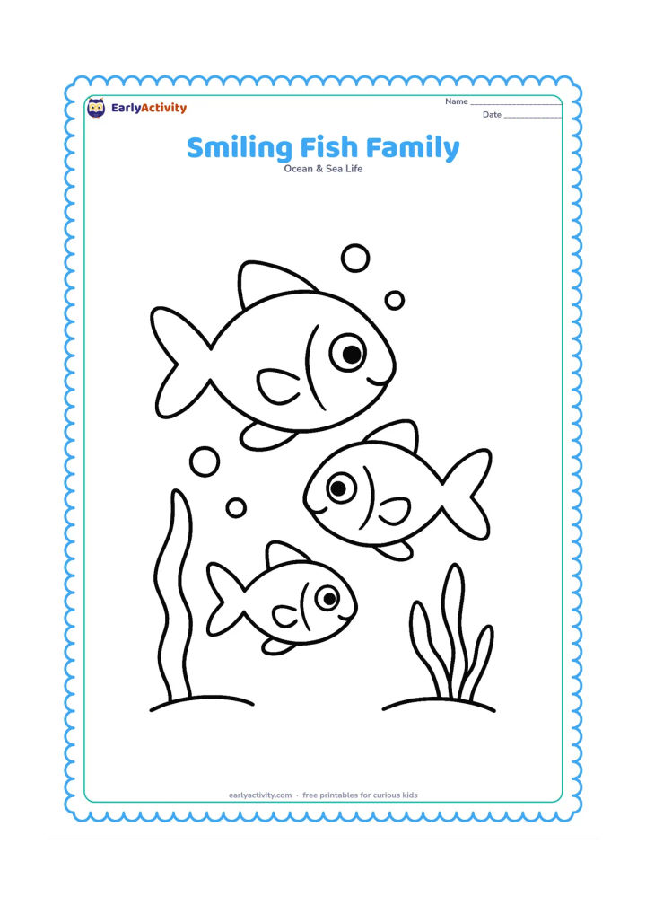 Colouring page: Draw three friendly fish of different sizes swimming together from left to right, with large eyes, clear fins and tails. Add a few bubbles and two simple underwater plants.
