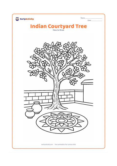 Worksheet: Show a flowering tree growing in an Indian courtyard, with a textured trunk, spreading branches, blossom clusters, a rangoli-like circular pattern on the ground, clay pots and a low wall.