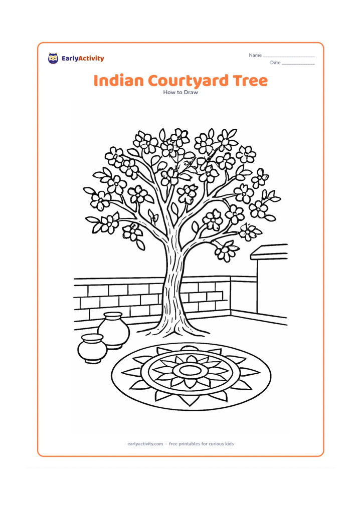 Worksheet: Show a flowering tree growing in an Indian courtyard, with a textured trunk, spreading branches, blossom clusters, a rangoli-like circular pattern on the ground, clay pots and a low wall.