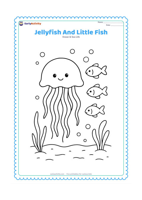 Colouring page: Draw one jellyfish swimming beside three small friendly fish, with its bell tilted slightly as the tentacles trail behind. Add sea plants, bubbles and a sandy bottom.