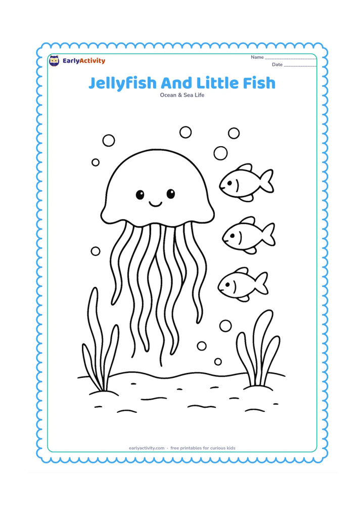 Colouring page: Draw one jellyfish swimming beside three small friendly fish, with its bell tilted slightly as the tentacles trail behind. Add sea plants, bubbles and a sandy bottom.