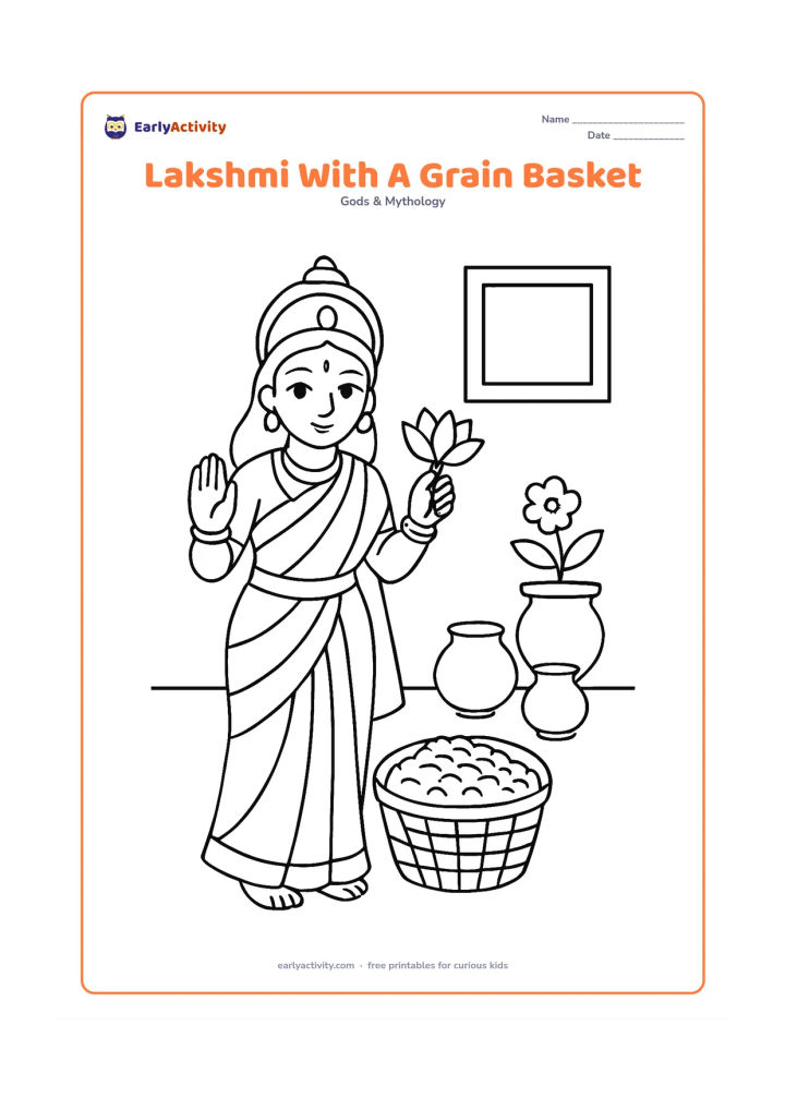 Colouring page: Draw Goddess Lakshmi standing beside a woven basket filled with grain, holding a lotus in one hand and blessing with the other. Add a few simple clay pots and a flowering plant in an…