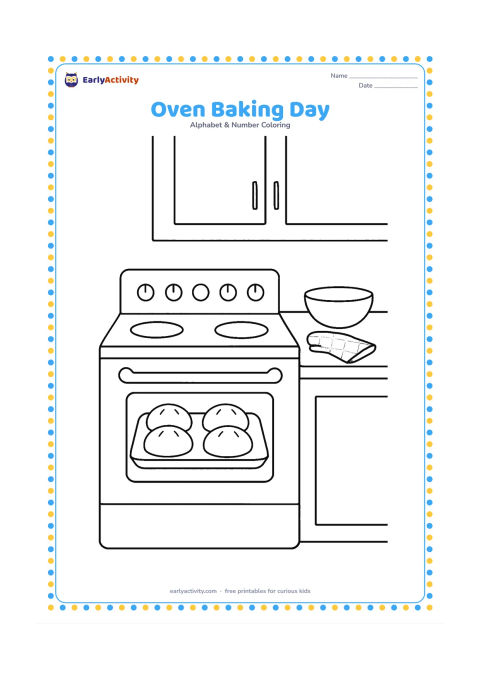 Colouring page: Draw a safe closed kitchen oven with a tray of large round buns visible through the window, plus a bowl and oven mitt on the counter. Include simple cabinet shapes in the background.