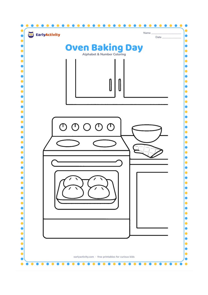 Colouring page: Draw a safe closed kitchen oven with a tray of large round buns visible through the window, plus a bowl and oven mitt on the counter. Include simple cabinet shapes in the background.
