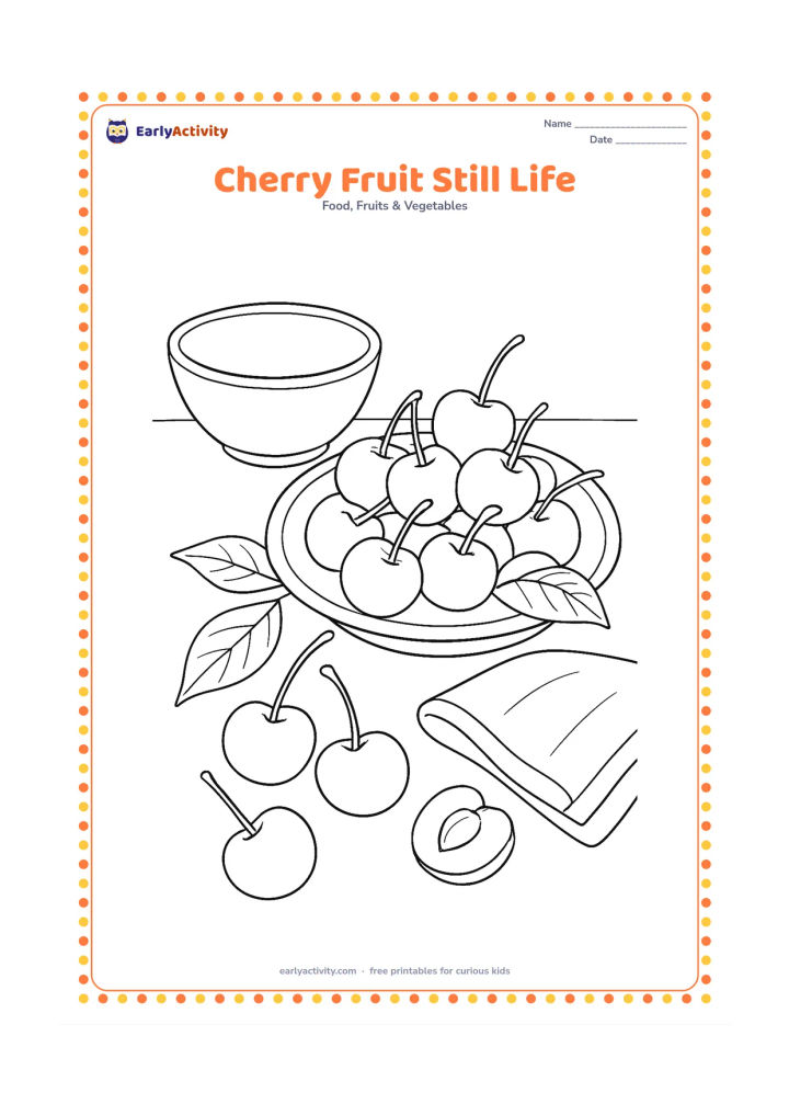 Colouring page: Draw a detailed tabletop arrangement of cherries on a ceramic plate beside a bowl, a few leaves, a cloth napkin and a cut cherry showing its single stone.