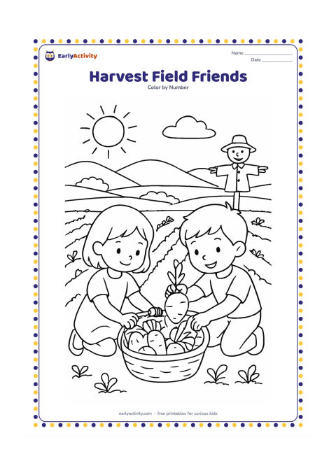 Colouring page: Draw two children gathering vegetables into a basket in a sunny field. Include rows of plants, a scarecrow, a small farmhouse, and distant hills.
