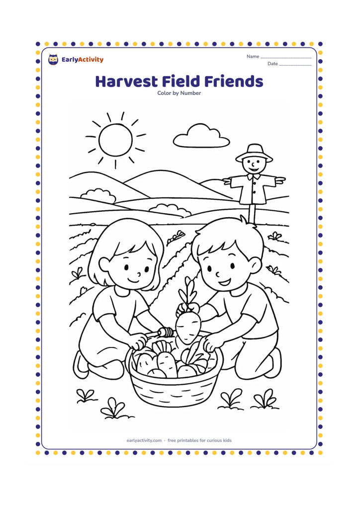 Colouring page: Draw two children gathering vegetables into a basket in a sunny field. Include rows of plants, a scarecrow, a small farmhouse, and distant hills.