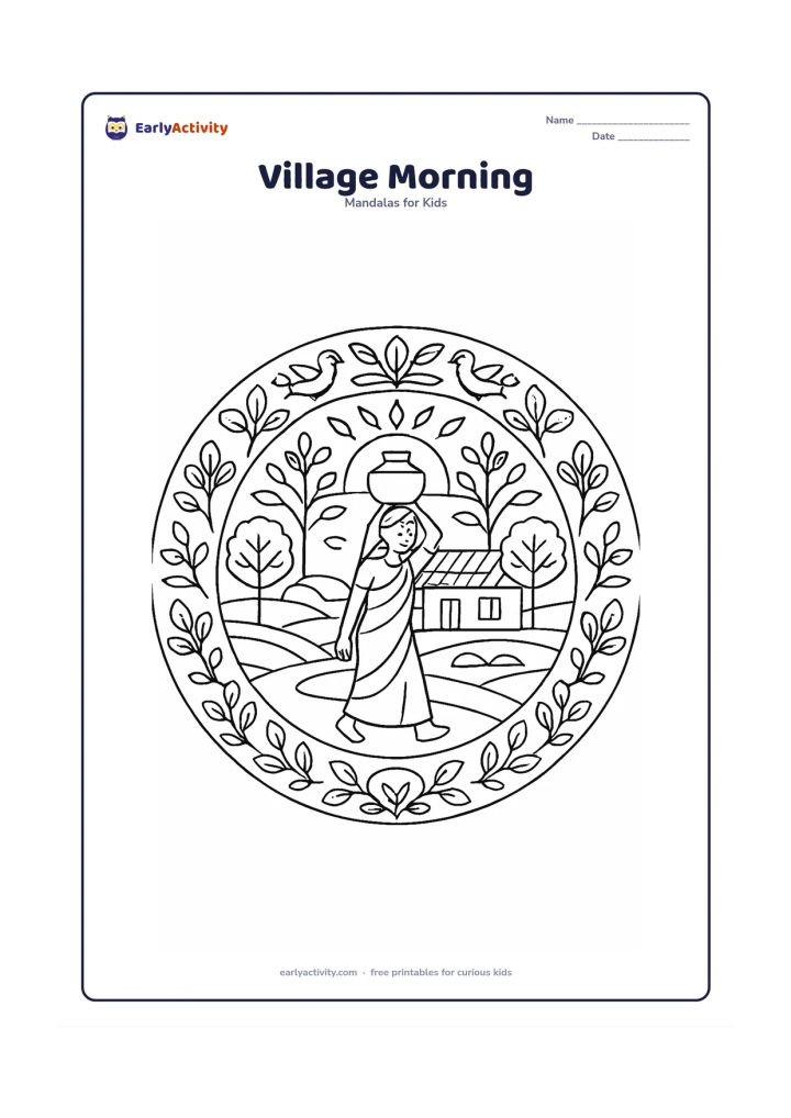 Colouring page: A detailed circular mandala showing a simple Indian village house, a rising sun and a person carrying a water pot at the centre, surrounded by repeated trees, birds, leaves and curved…