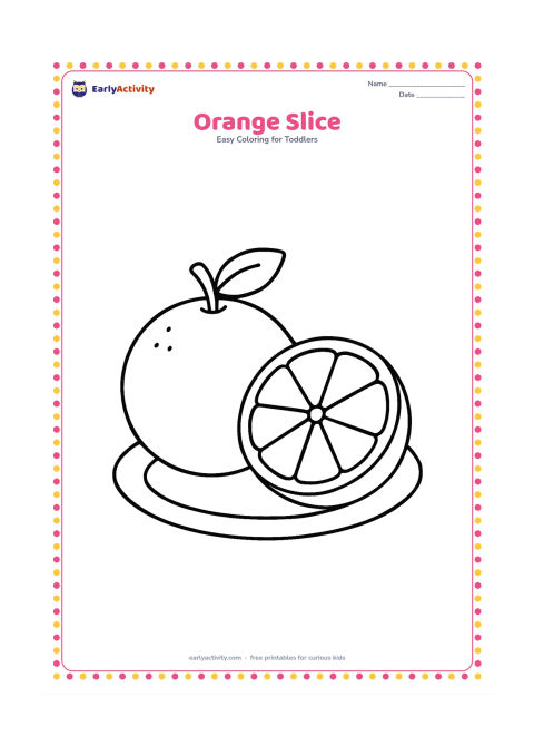 Colouring page: Draw a large whole orange beside one large orange half showing a few broad segments. Place both on a plain plate with no background clutter.