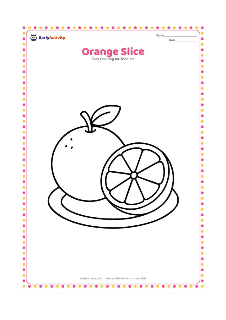 Colouring page: Draw a large whole orange beside one large orange half showing a few broad segments. Place both on a plain plate with no background clutter.