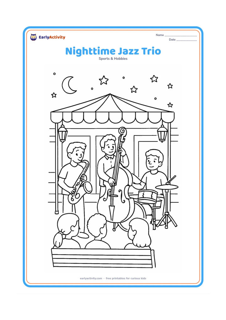 Colouring page: Three musicians perform under a street-corner canopy at night: saxophone, double bass and drum set. Add a moon, stars, lanterns and a few listeners on benches, with blank shop fronts…