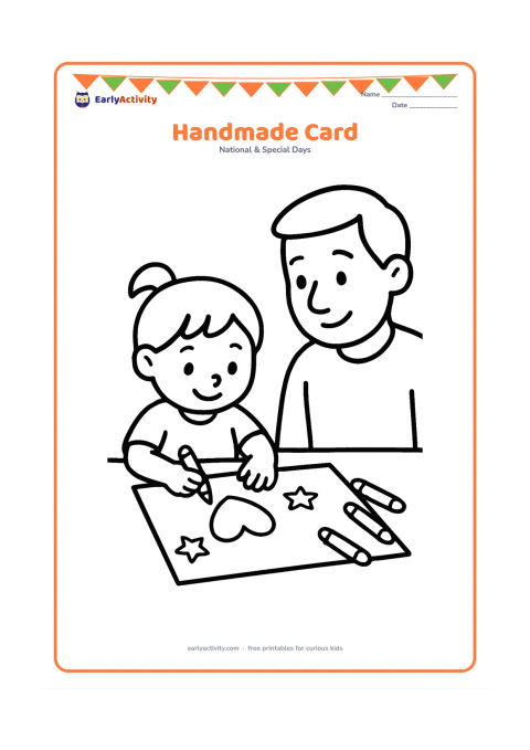 Colouring page: A child sits at a table decorating a large blank greeting card with crayons, a heart-shaped sticker and a few simple stars; a caring father watches nearby.