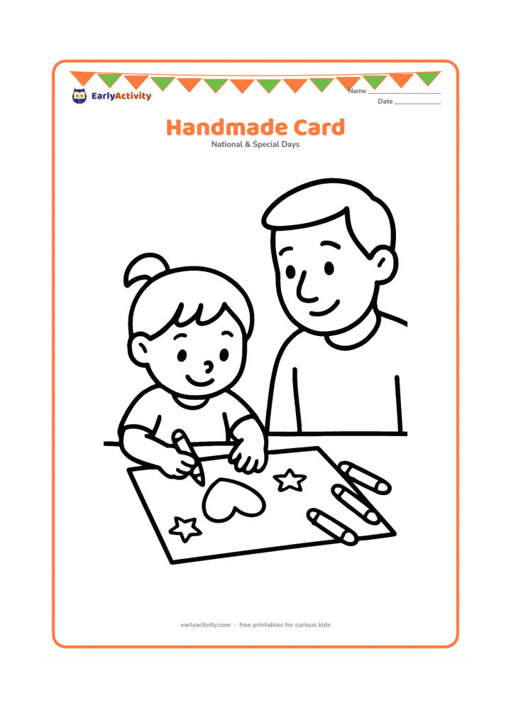 Colouring page: A child sits at a table decorating a large blank greeting card with crayons, a heart-shaped sticker and a few simple stars; a caring father watches nearby.