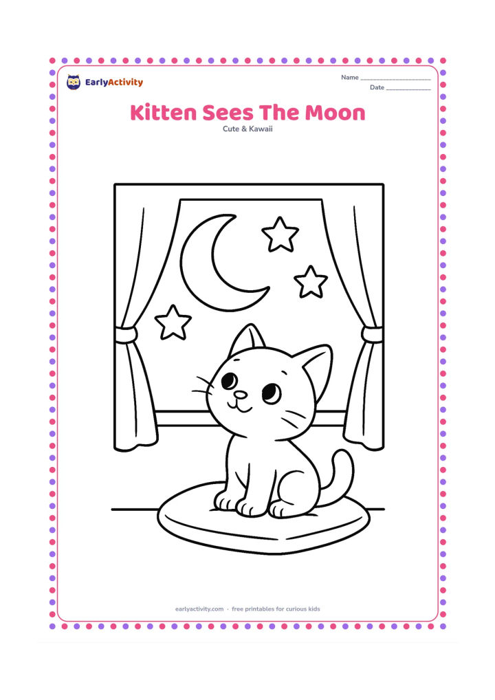 Colouring page: Draw a kitten sitting on a low cushion and looking up at a large crescent moon through an open window. Add three large stars and one simple curtain on each side.