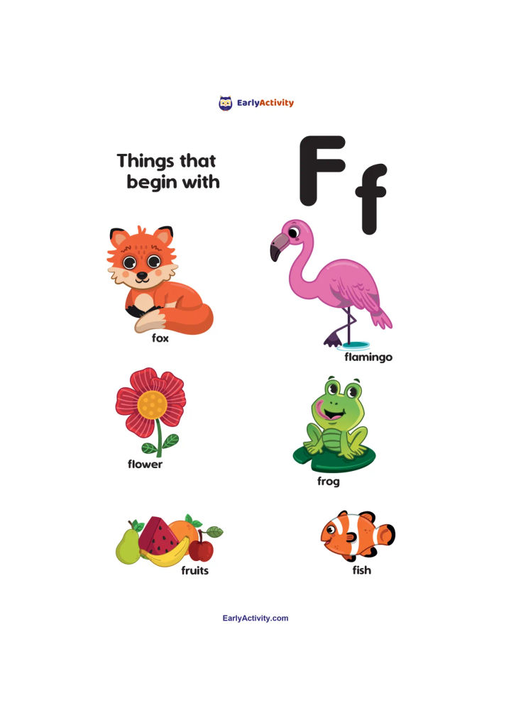 Worksheet showing uppercase and lowercase F with pictures labelled fox, flamingo, flower, frog, fruits and fish.