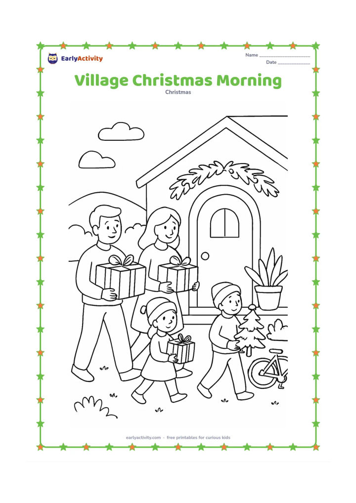 Colouring page: A family carries decorated gifts toward a modest home on a bright Christmas morning, with an evergreen branch over the doorway, a bicycle, potted plants and distant hills. Include a…