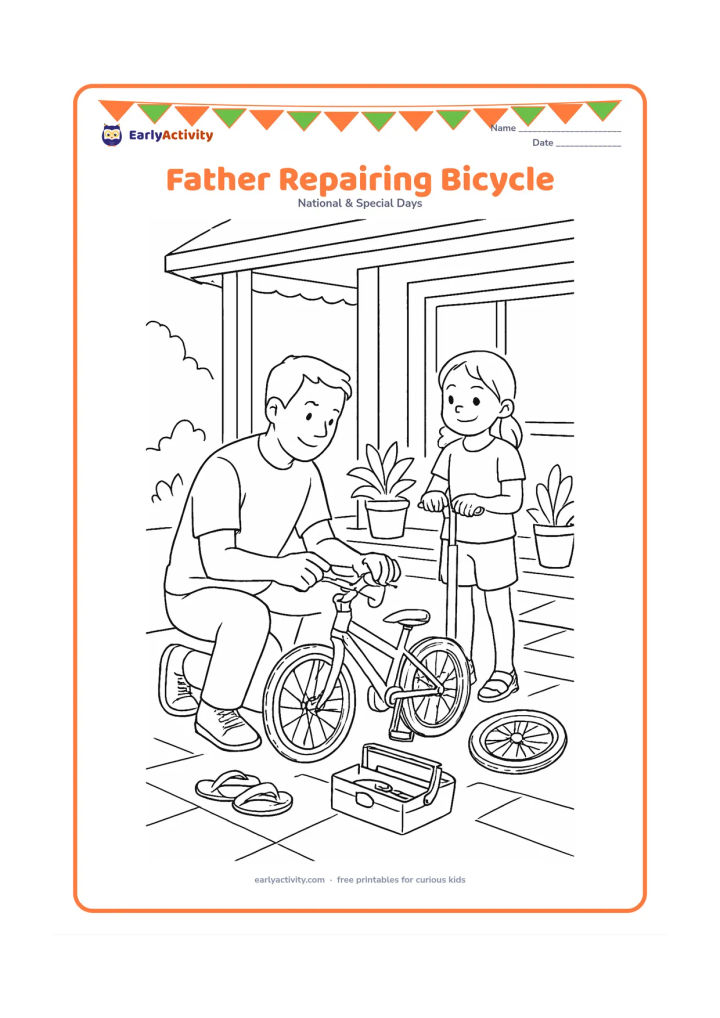 Colouring page: A father repairs a child's bicycle outside a home while the child holds a pump, with a tool box, spare wheel, potted plants, sandals and a shaded veranda.