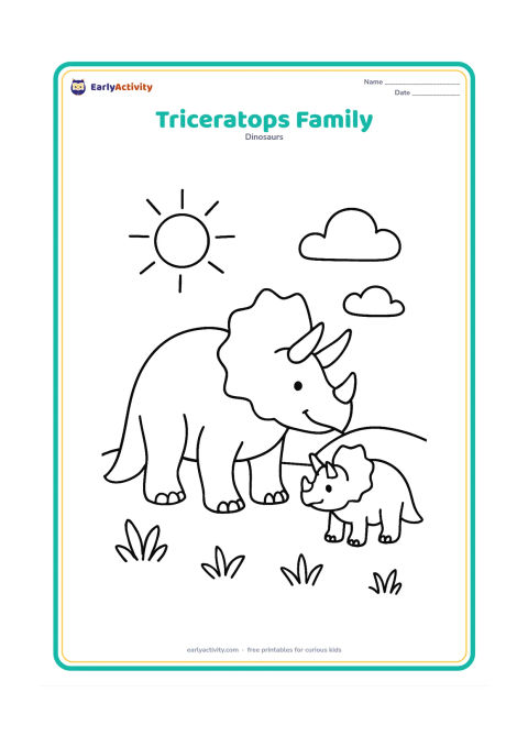 Colouring page: A large adult triceratops with one smaller youngster standing beside it in a peaceful open field. Add a sun, two clouds, and a few simple plants.