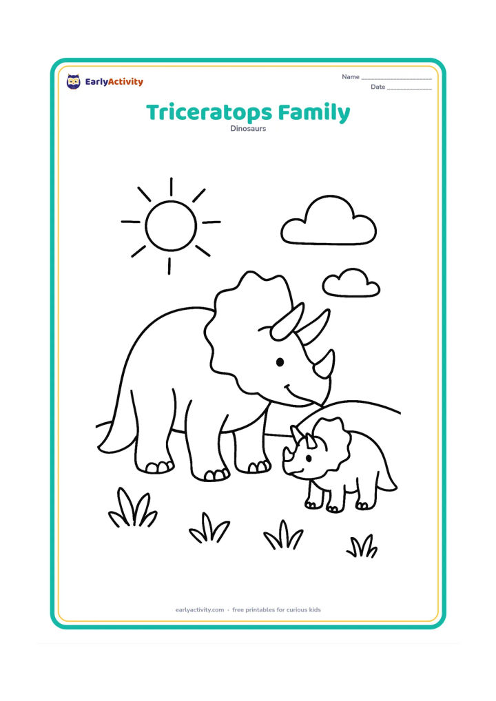 Colouring page: A large adult triceratops with one smaller youngster standing beside it in a peaceful open field. Add a sun, two clouds, and a few simple plants.