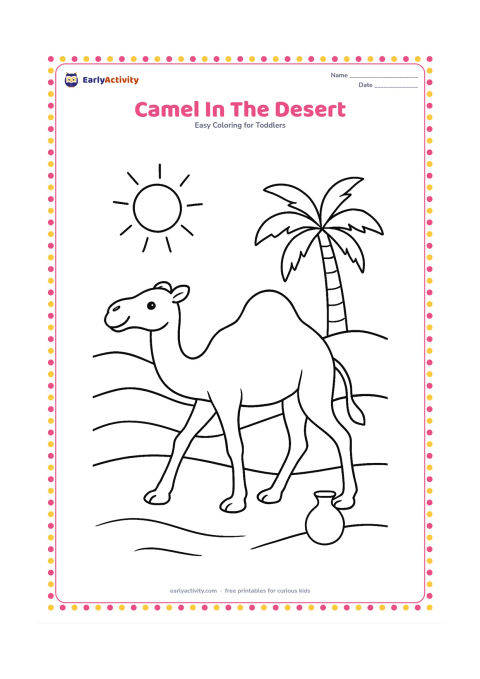Colouring page: Draw a camel walking across gentle desert dunes with one palm tree and a small water pot in the distance. Add a bright sun and a few curved sand lines.