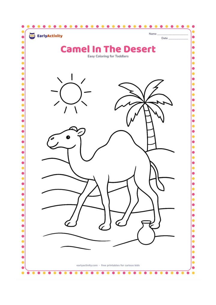 Colouring page: Draw a camel walking across gentle desert dunes with one palm tree and a small water pot in the distance. Add a bright sun and a few curved sand lines.