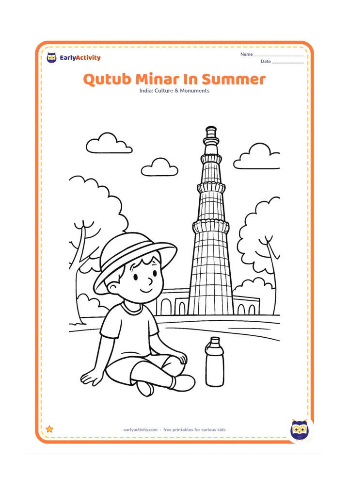 Colouring page: Show Qutub Minar on a bright summer day with leafy trees, a broad courtyard, a child wearing a sun hat, and a water bottle beside the child. Add a few light clouds.