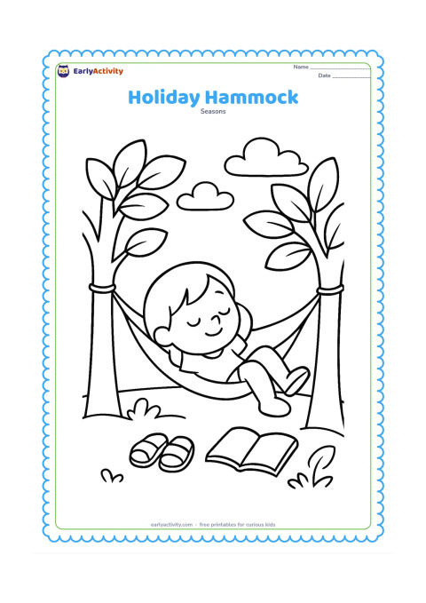 Colouring page: Draw a child relaxing in a hammock tied between two trees, with sandals and a book on the ground below. Include large leaves, a few clouds, and a calm afternoon garden.