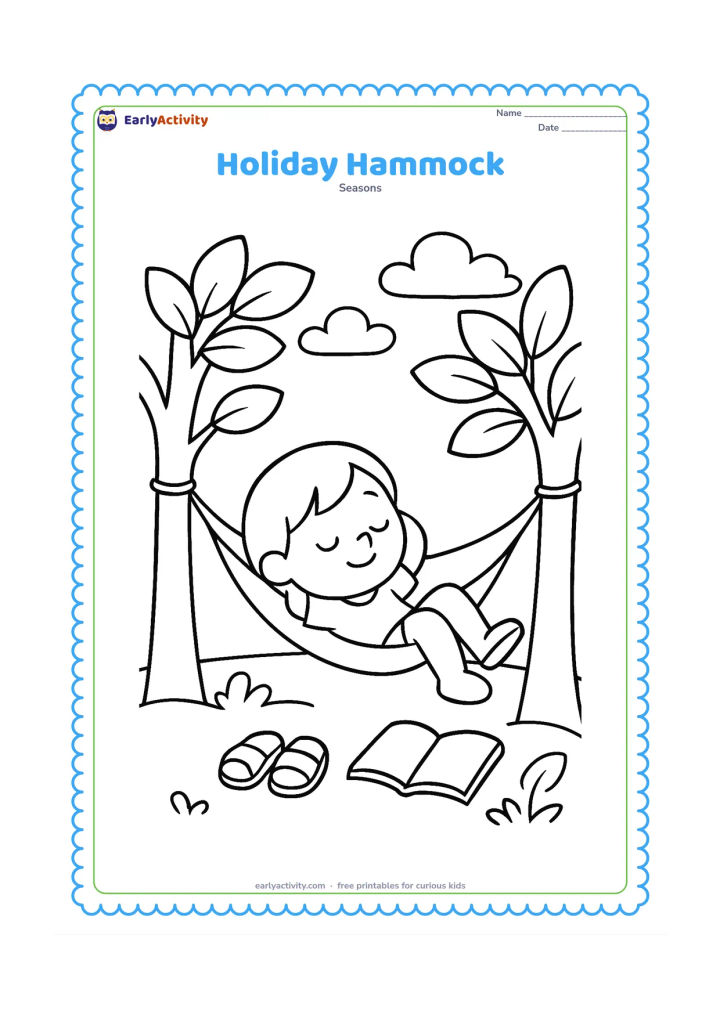 Colouring page: Draw a child relaxing in a hammock tied between two trees, with sandals and a book on the ground below. Include large leaves, a few clouds, and a calm afternoon garden.