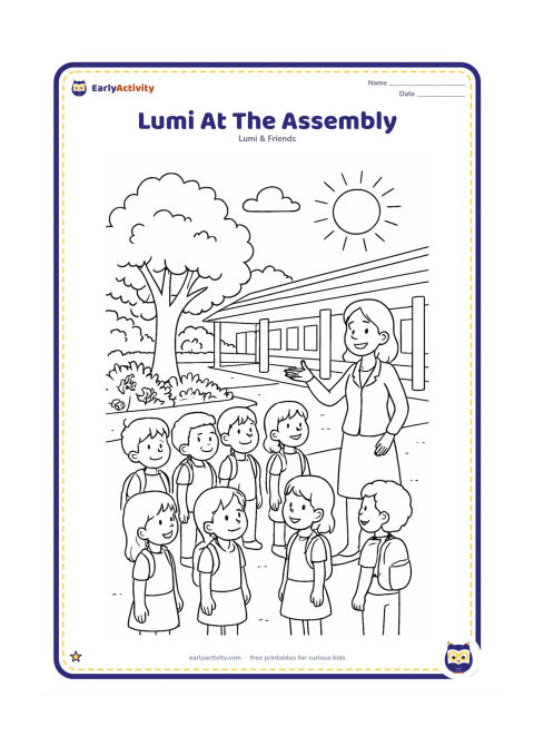 Colouring page: Lumi stands with classmates in an open school courtyard while a teacher gestures toward a tree and garden area. Include rows of children, shaded trees, a covered walkway and morning…
