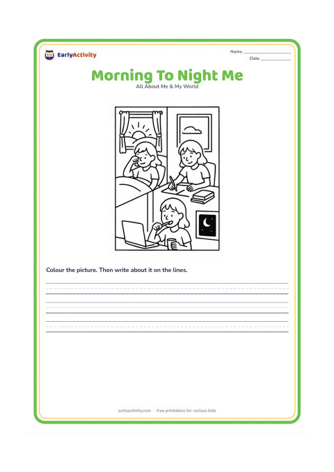 Worksheet: Show one child in three connected moments across a home: waking beside a window at sunrise, learning at a table in daylight and brushing teeth near a moonlit window. Keep the same child…