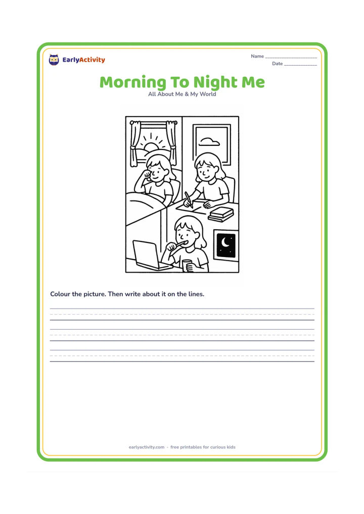 Worksheet: Show one child in three connected moments across a home: waking beside a window at sunrise, learning at a table in daylight and brushing teeth near a moonlit window. Keep the same child…