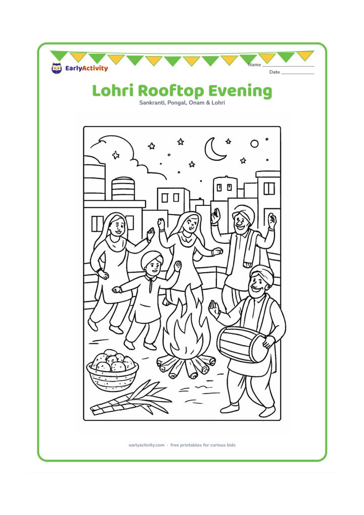 Colouring page: Draw a lively rooftop Lohri scene at evening with several family groups dancing, a musician playing dhol, a safe bonfire, food baskets and sugarcane. Include water tanks, neighbouring…