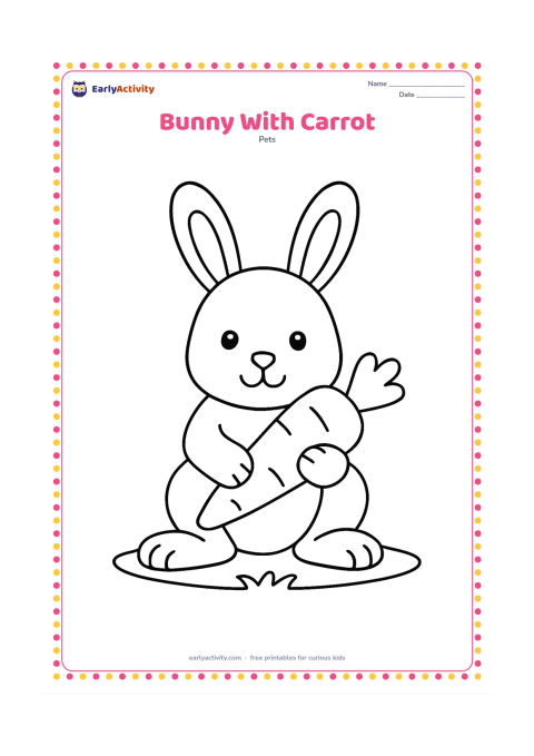 Colouring page: Draw a sitting bunny holding one large carrot between its front paws. Add only a small patch of grass beneath it and make the carrot, ears, paws, and body broad and easy to recognize.