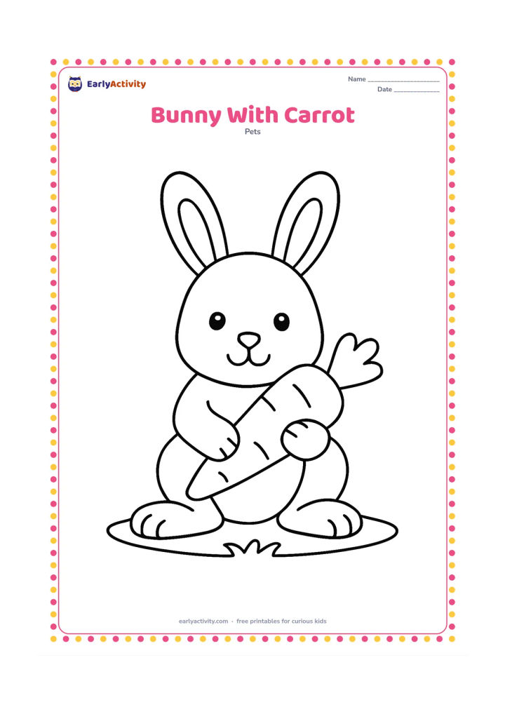 Colouring page: Draw a sitting bunny holding one large carrot between its front paws. Add only a small patch of grass beneath it and make the carrot, ears, paws, and body broad and easy to recognize.