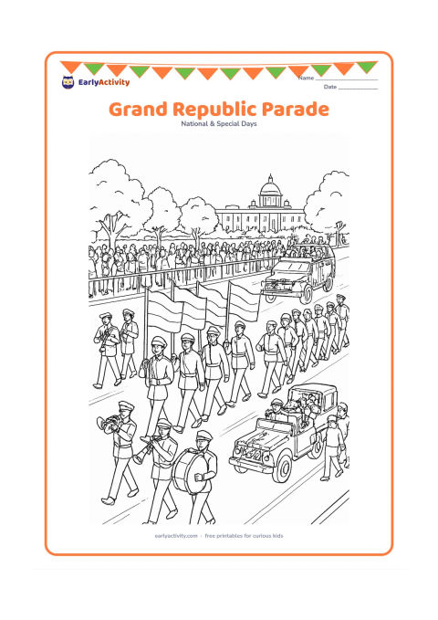 Colouring page: Draw a detailed Republic Day parade moving along a broad ceremonial avenue, with marching groups, a brass band, flag bearers, decorated vehicles, spectators and distant government…