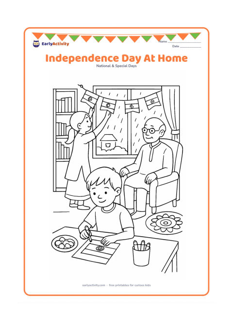 Colouring page: Draw a multigenerational Indian family preparing for a home celebration: one child colours a flag at a table, another hangs small flags near a window, and an elder watches from a chair.…