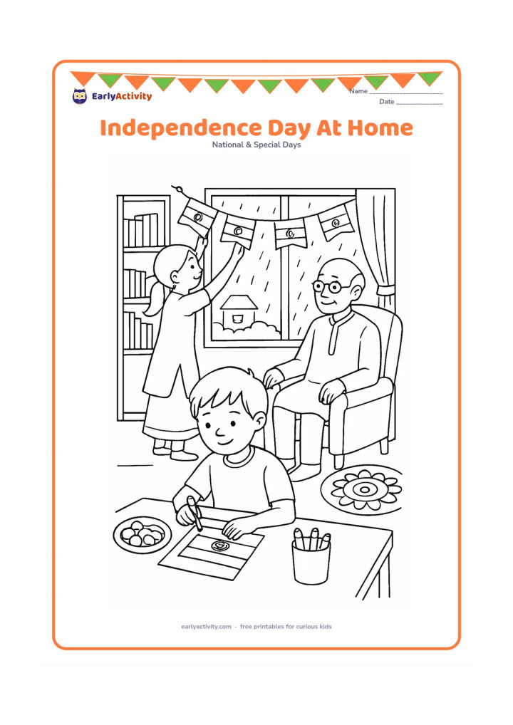 Colouring page: Draw a multigenerational Indian family preparing for a home celebration: one child colours a flag at a table, another hangs small flags near a window, and an elder watches from a chair.…