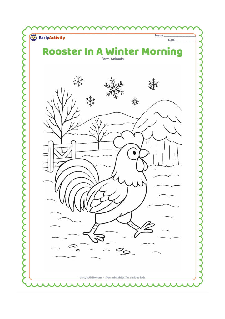 Colouring page: Draw a rooster walking across a frosty farmyard at morning, with bare trees, a wooden gate, a covered haystack and distant hills. Add a few large snowflakes and footprints behind the…
