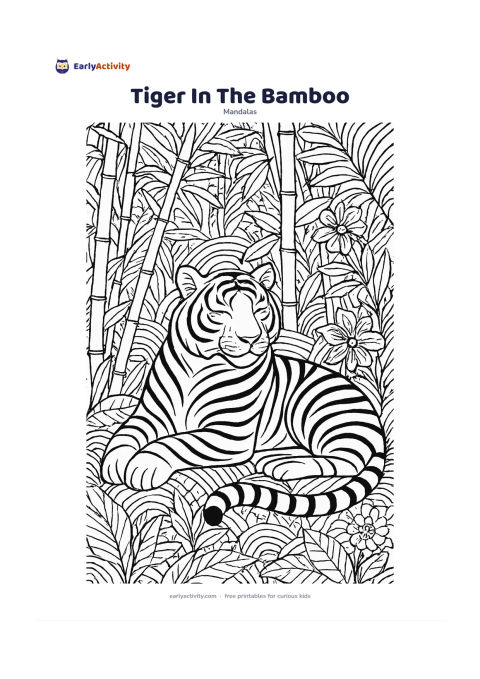 Colouring page: Place a relaxed tiger lying among bamboo leaves in the centre, with its stripes flowing into repeating arcs. Surround it with bamboo stalks, tropical leaves, flowers, and circular…