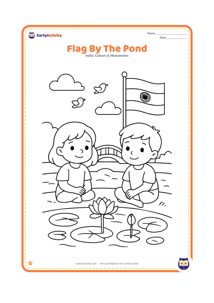 Colouring page: Draw two children sitting beside a pond while an Indian flag stands on a nearby pole. Include lotus leaves, a small bridge and two birds in the background.