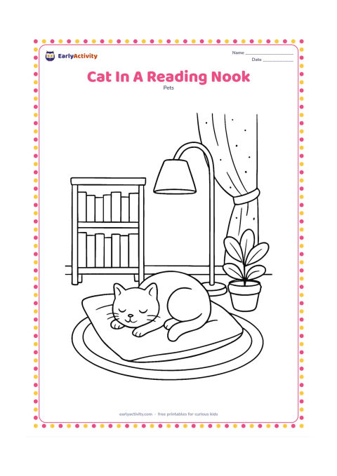 Colouring page: Draw a cat sleeping on a cushion in a cosy reading nook beside a low shelf of blank book spines, a floor lamp, a small rug, and a potted plant. Keep every book face empty.